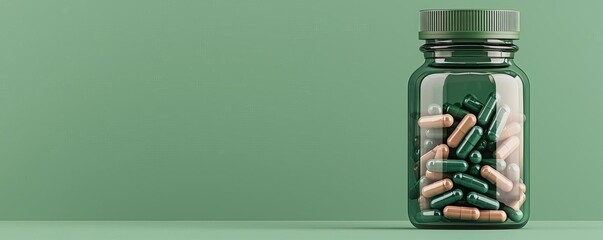 Health supplement packaging, vitamins in glass bottles, minimalist labels, soft natural backgrounds, green hues, wellness theme