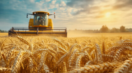 Combine harvester in a golden wheat field during harvest under the warm sunlight