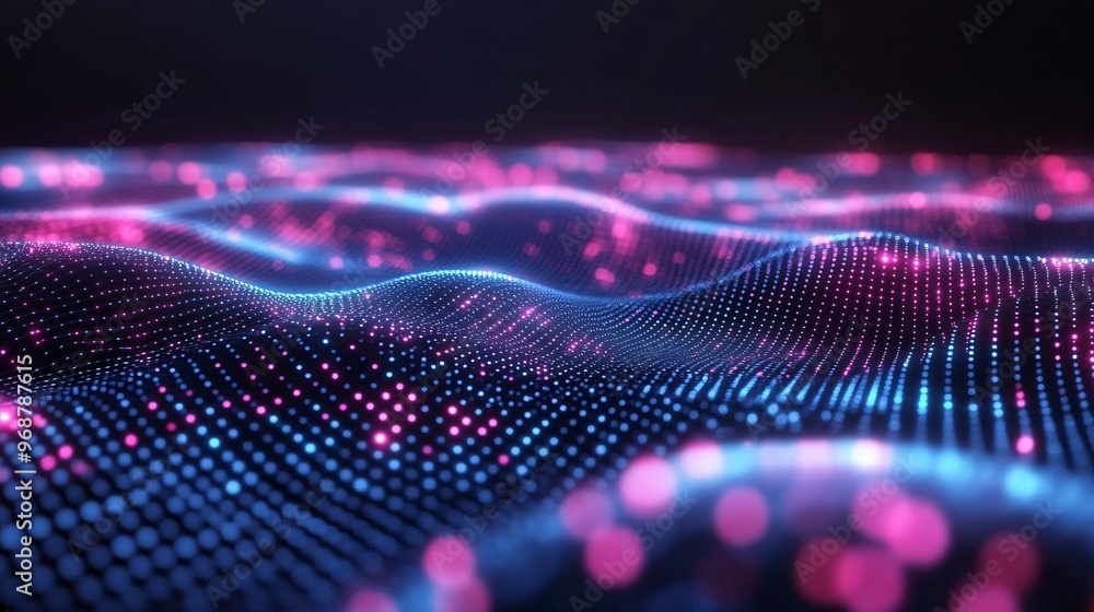 Aufkleber Quantum computing visualization with abstract glowing qubits and waveforms flowing in a high-tech environment futuristic digital background Large space for text in center Stock photo with copy space