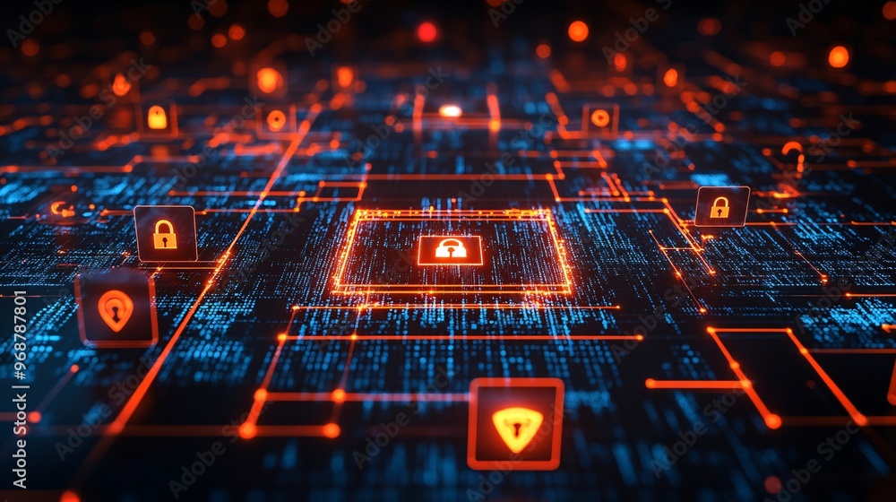 Aufkleber Cybersecurity-themed matrix of encrypted code floating locks and shields symbolizing protection and network security digital tech background Large space for text in center Stock photo with copy space