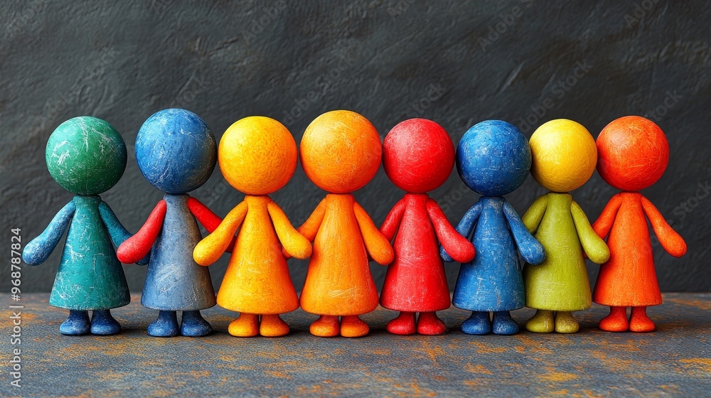 Poster colorful figurines in a row, representing diversity and unity in a playful design, ideal for creativ