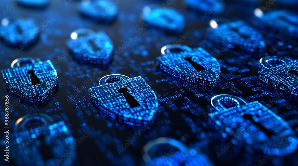Poster Cybersecurity-themed matrix of encrypted code floating locks and shields symbolizing protection and network security digital tech background Large space for text in center Stock photo with copy space