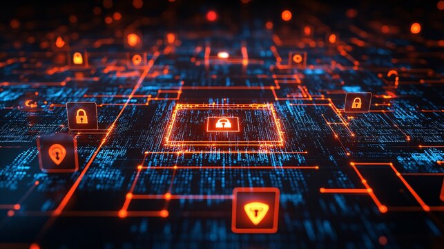 Cybersecurity-themed matrix of encrypted code floating locks and shields symbolizing protection and network security digital tech background Large space for text in center Stock photo with copy space