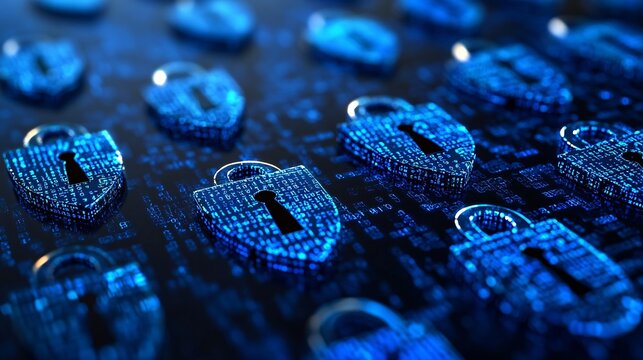 Cybersecurity-themed matrix of encrypted code floating locks and shields symbolizing protection and network security digital tech background Large space for text in center Stock photo with copy space