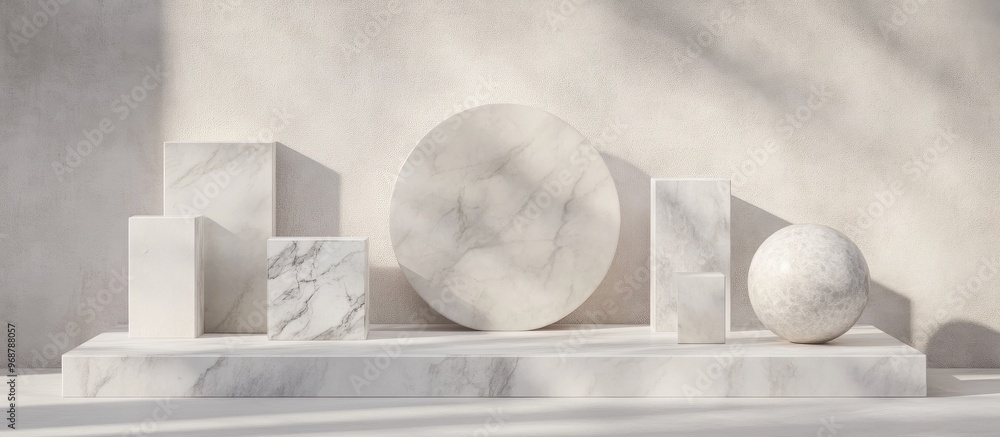 Aufkleber marble texture geometric shapes collection on a blank podium shelf in 3d rendering