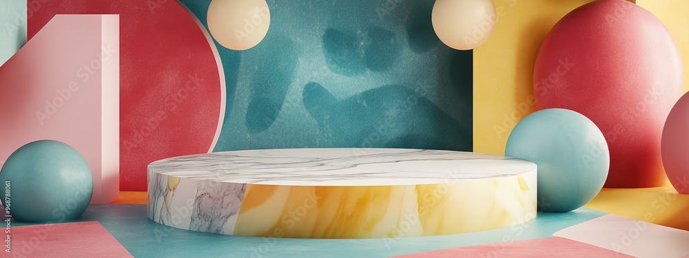 Poster Three dimensional podium rendering A platform for showcasing products featuring a vibrant illustration of abstract geometric shapes and various material textures