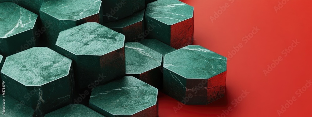 Poster Green hexagonal granite pattern on a red backdrop minimalistic 3D rendering