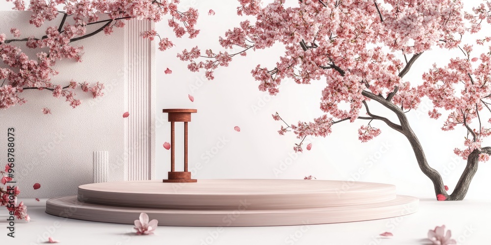 Poster Japanese style architecture with a cherry blossom tree and a podium against a white background for product presentation 3D rendering illustration