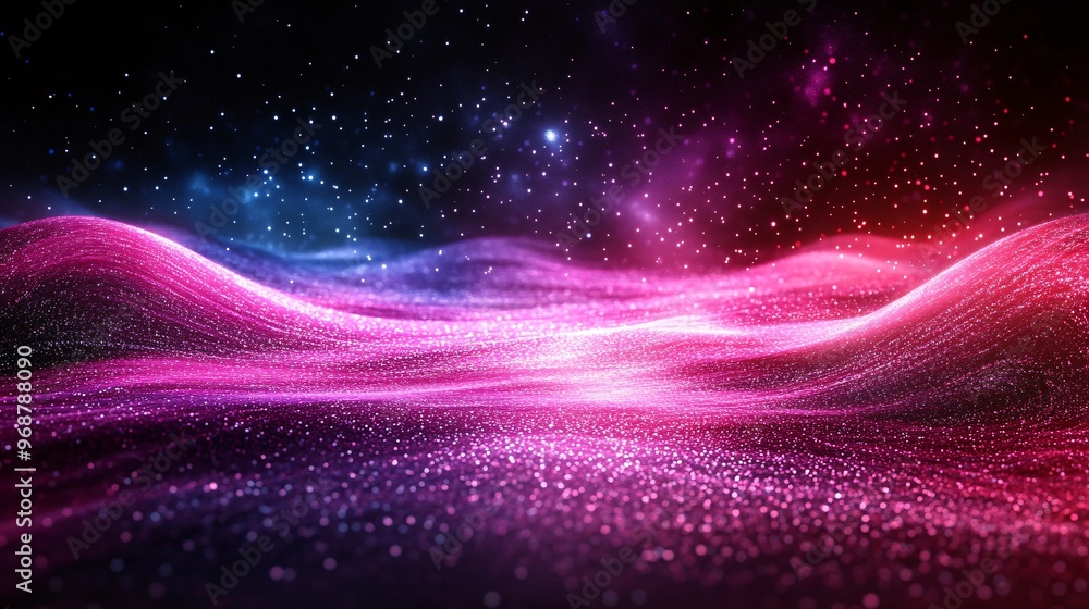 Aufkleber Abstract digital particles flowing in an interconnected grid-like structure symbolizing data transfer in a futuristic tech landscape Large space for text in center Stock photo with copy space