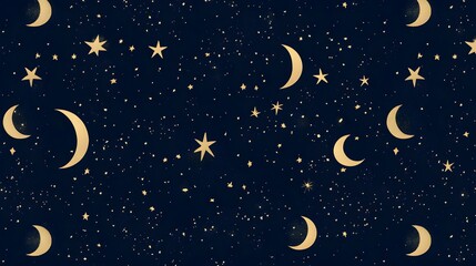Naklejka premium Golden Crescent Moon and Stars Pattern on Navy Blue Background