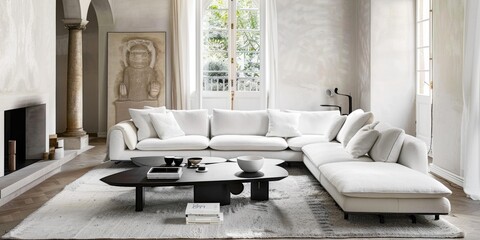 Elegant living space featuring a white sofa carpet and a sleek black coffee table