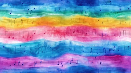 Abstract Watercolor Tie Dye Batik with Wavy Horizontal Stripes and Repeating Music Notes on a Blurred Background