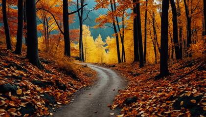 Obraz premium Atmospheric autumn landscape: forest road surrounded by trees with yellow leaves. Warm autumn day.