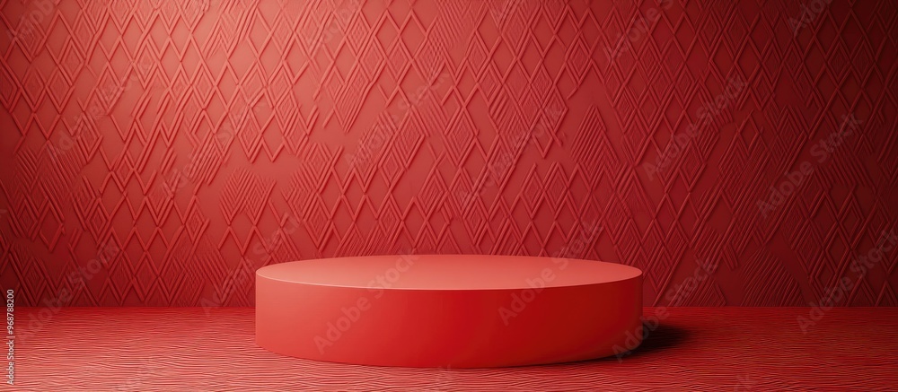 Poster Minimal abstract background for branding and product presentation featuring a red podium with a subtle circular geometric pattern Empty showcase and pedestal platform display 3D rendering