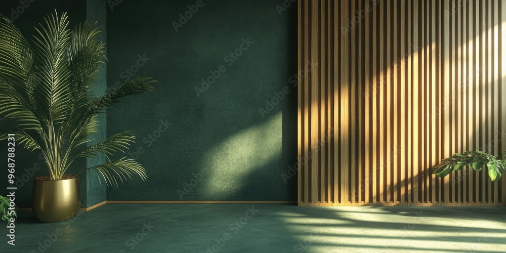 Poster Green scene with a wall and floor featuring a wooden frame and geometric shapes in 3D rendering
