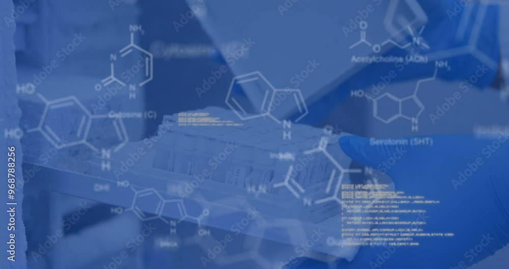 Poster animation of scientific data processing over scientist in laboratory