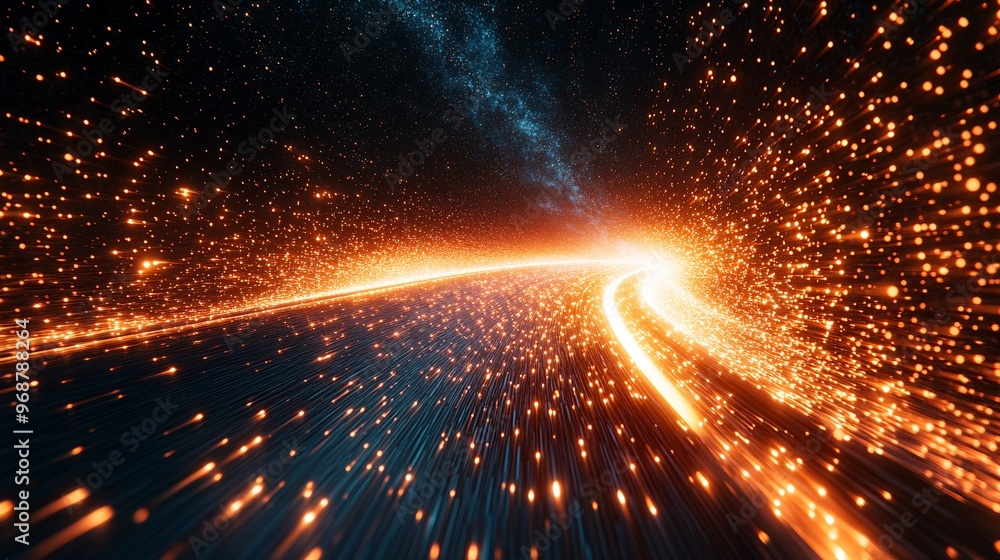Poster Energy lines and flowing particles create an abstract visualization of high-tech data transfer and quantum computing futuristic tech environment Large space for text in center Stock photo with copy