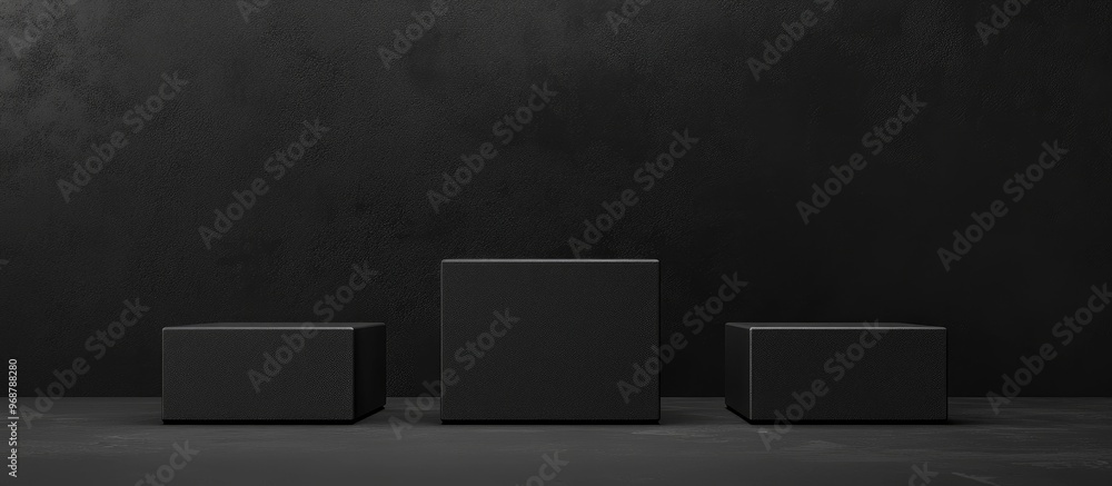 Aufkleber Dark black 3D background featuring three square podiums on the floor Platforms for product display in an abstract composition providing ample copy space for showcasing a black item and promotional