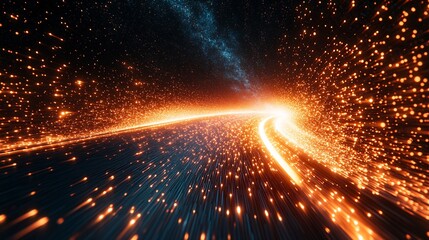 Energy lines and flowing particles create an abstract visualization of high-tech data transfer and quantum computing futuristic tech environment Large space for text in center Stock photo with copy