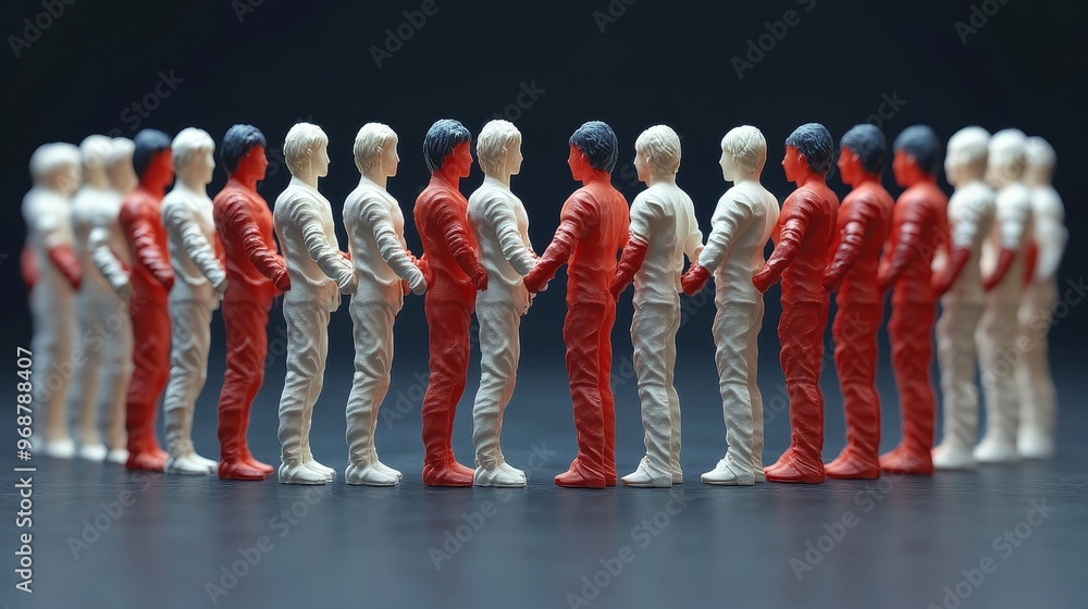 Poster colorful miniature figures in a synchronized formation, representing unity and competition in a crea
