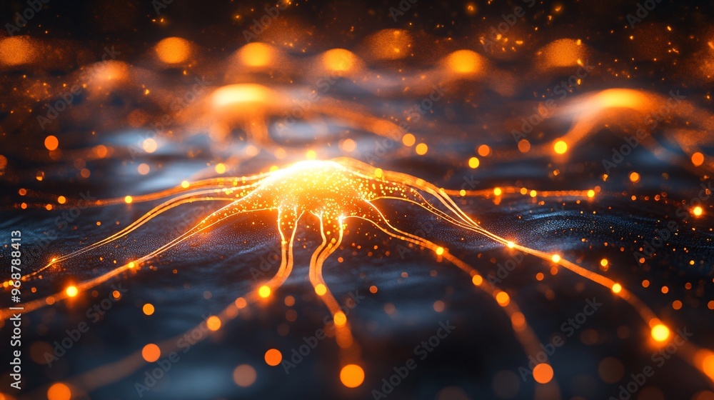 Poster Glowing neural network web of interconnected nodes forming an abstract pattern representing AI and machine learning in a tech-driven concept Large space for text in center Stock photo with copy space