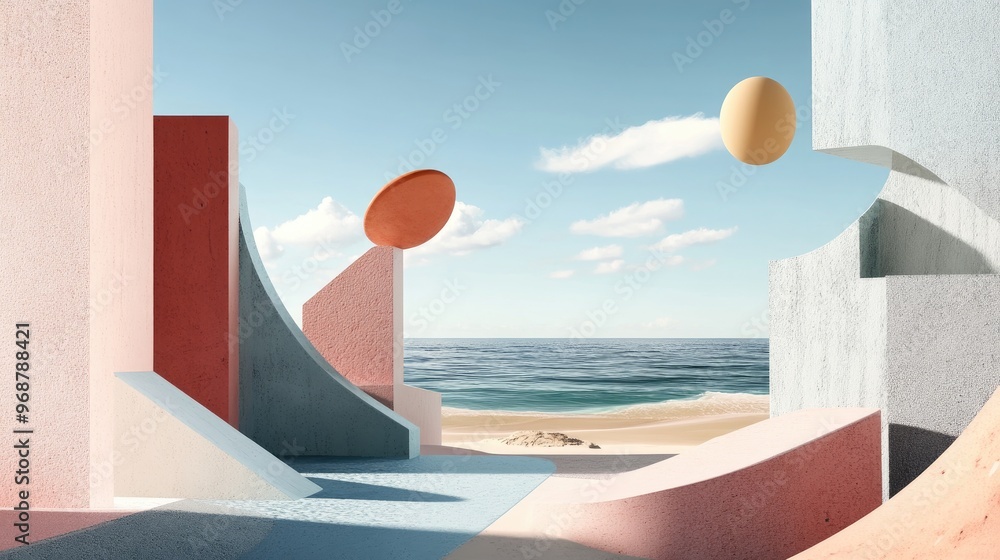Aufkleber abstract summer landscape featuring geometric shapes and an ocean beach view rendered in 3d