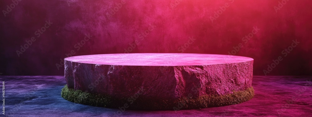 Poster 3d stone pedestal showcase against a dark background featuring green moss ideal for cosmetic product