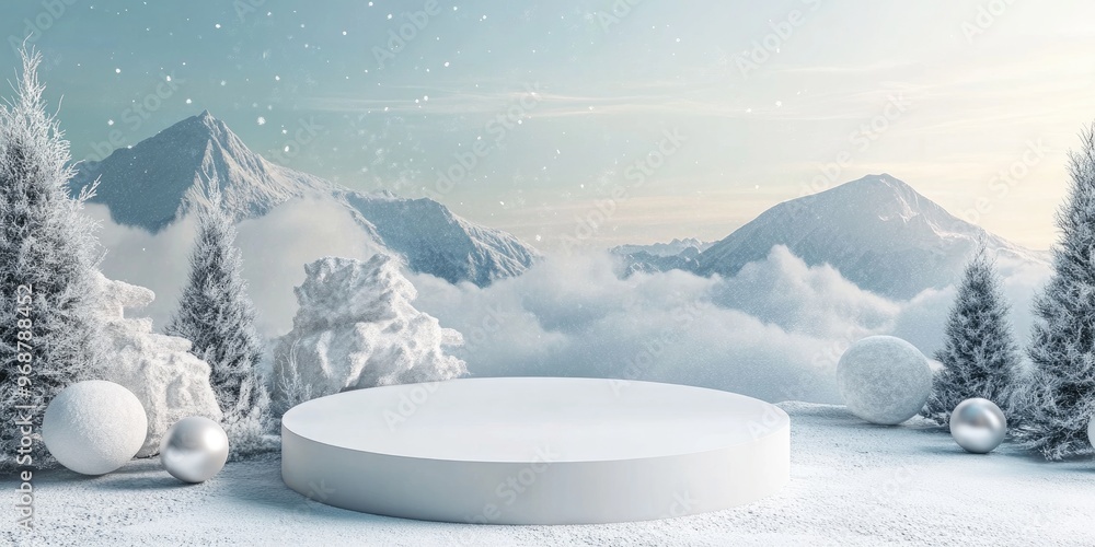 Poster Christmas backgrounds featuring a podium stage in a minimal New Year event theme A festive scene suitable for product display mock up banners with an empty pedestal decor set in a winter setting 3D