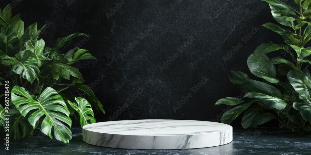 Poster Natural leaf against a dark background featuring a white marble podium mockup empty platform for product display and presentation 3D rendering