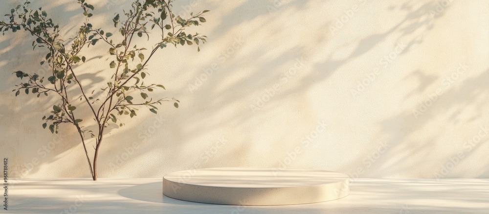 Aufkleber natural podium on a soft pastel stucco background featuring a plant and shadows on the wall 3d rende