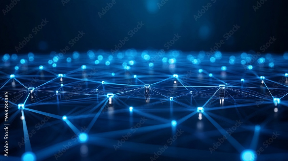 Aufkleber Glowing neural network web of interconnected nodes forming an abstract pattern representing AI and machine learning in a tech-driven concept Large space for text in center Stock photo with copy space