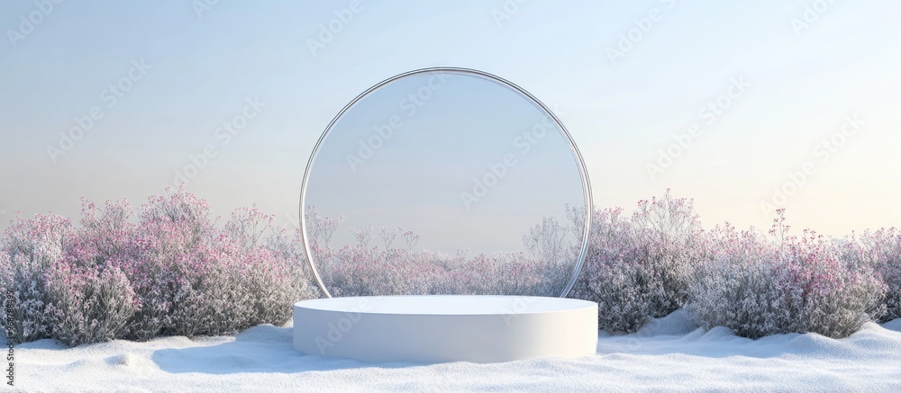 Poster abstract 3d rendering featuring a natural setting a white podium on snowy terrain surrounded by a fl
