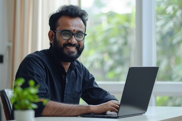 Indian man working and studying remotely on laptop at home.