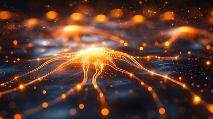 Glowing neural network web of interconnected nodes forming an abstract pattern representing AI and machine learning in a tech-driven concept Large space for text in center Stock photo with copy space