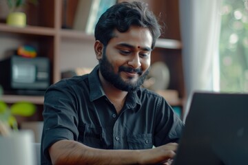 Obraz premium Indian man working and studying remotely on laptop at home.