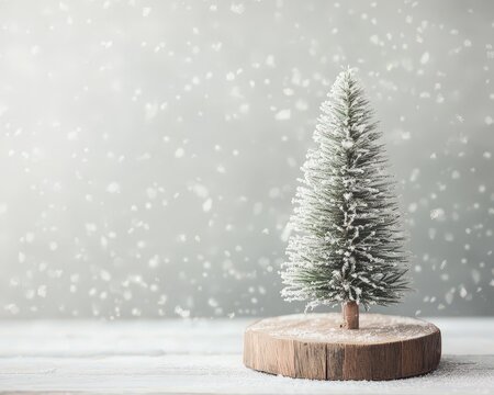 Petit sapin enneig&eacute; sur base en bois avec fond de flocons