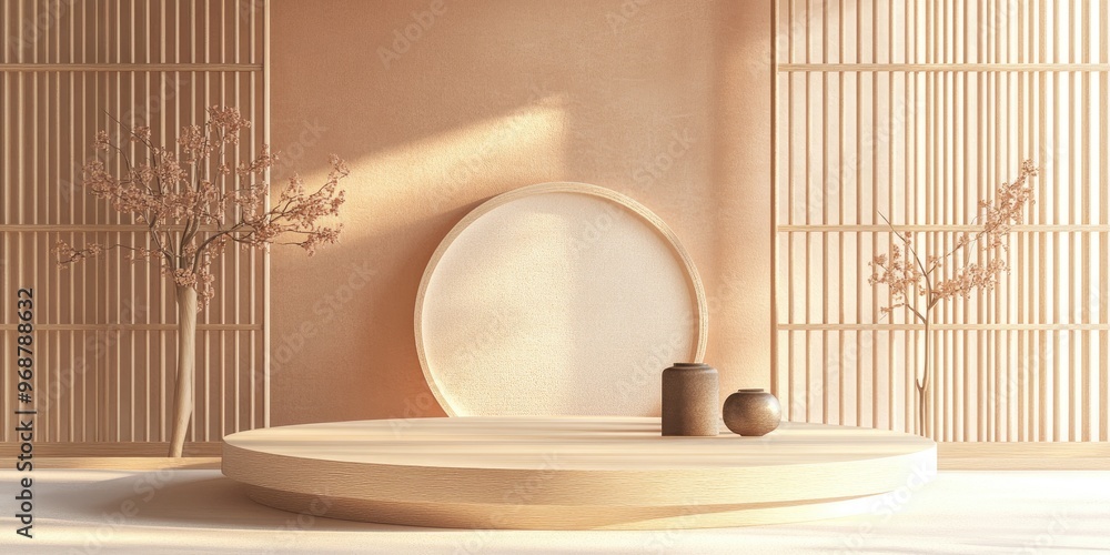 Poster japanese style architectural podium background for branding and product presentations 3d rendering i