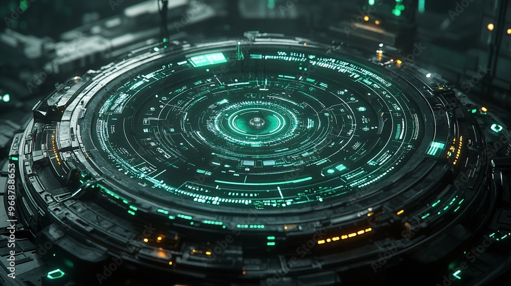 Leinwandbilder Futuristic holographic interface with floating transparent buttons and touch screens representing immersive user interaction in a digital space Large space for text in center Stock photo with copy