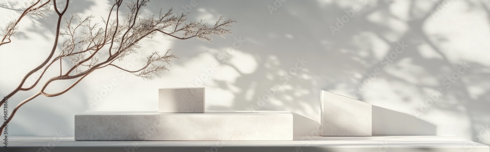 Poster Premium podium on a soft background for product showcase featuring an abstract geometric arrangement with a branch and shadow on the wall 3D render Mockup for showcases and promotional purposes