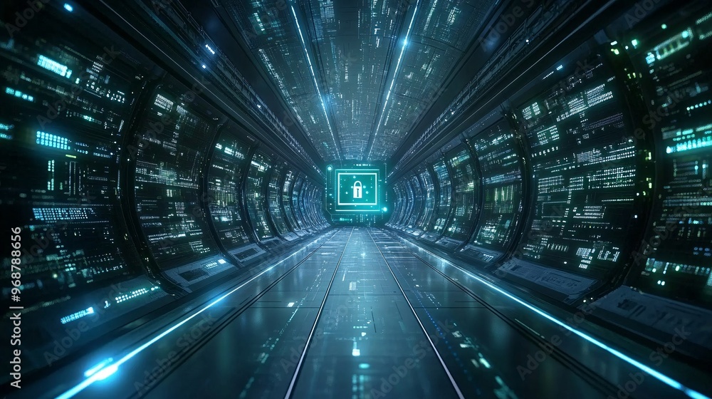 Aufkleber Encrypted digital matrix with floating code and locks symbolizing cybersecurity data protection with green and blue tones advanced tech background Large space for text in center Stock photo with copy