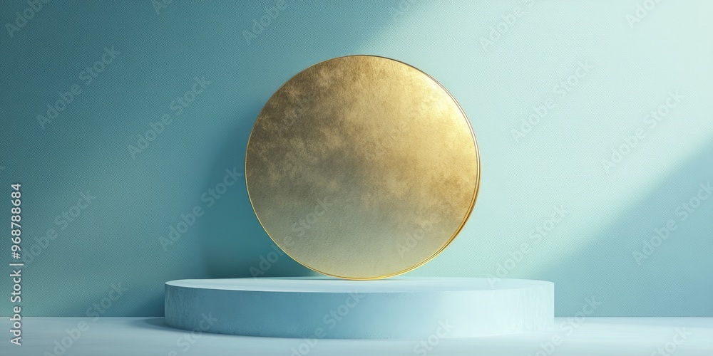 Poster pedestal display featuring a gold circle on a soft blue background designed for product promotion re