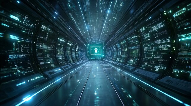 Encrypted digital matrix with floating code and locks symbolizing cybersecurity data protection with green and blue tones advanced tech background Large space for text in center Stock photo with copy