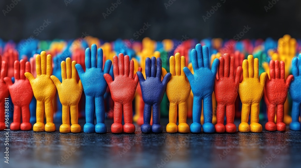 Poster colorful plastic hand figures in various hues create a vibrant visual display perfect for creativity