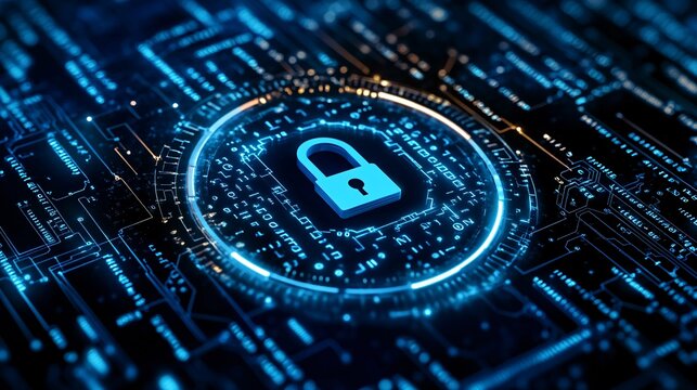 Cybersecurity matrix of encrypted data floating locks and codes in a tech-inspired dark environment representing protection and data safety Large space for text in center Stock photo with copy space