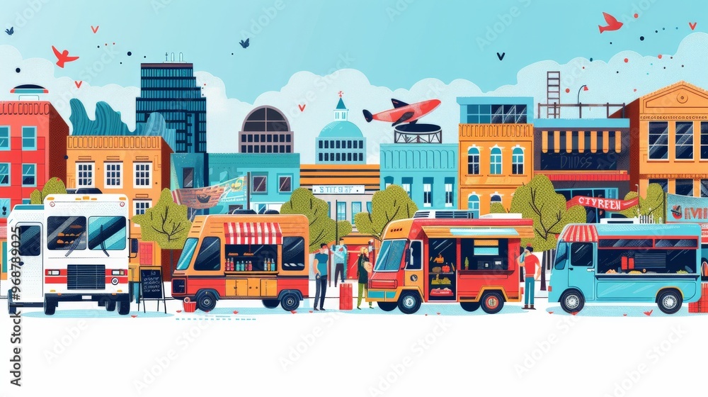 Wall mural an illustrated cityscape with food trucks lined up, offering gourmet street food