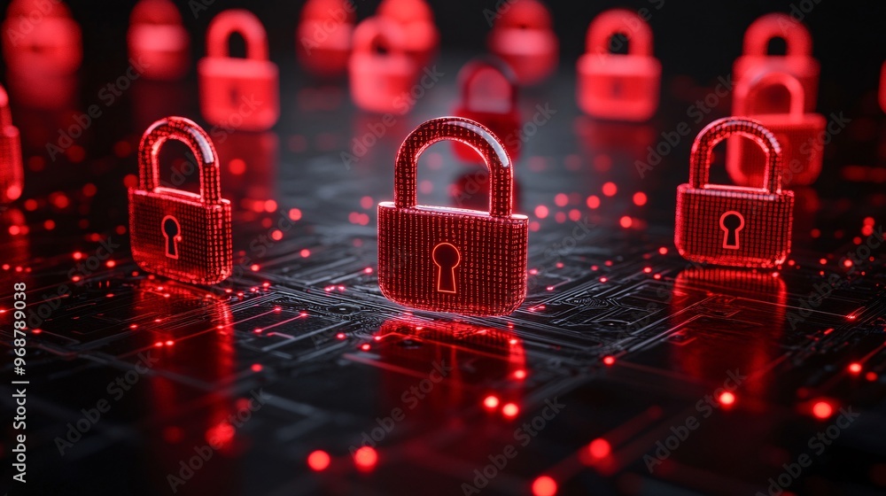 Leinwandbilder Cybersecurity matrix of encrypted data floating locks and codes in a tech-inspired dark environment representing protection and data safety Large space for text in center Stock photo with copy space