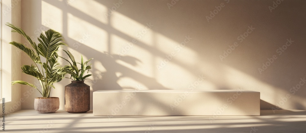 Fototapete Beige abstract podium with minimal geometric shapes in an interior setting featuring object placement and window shadows on the wall 3D rendering