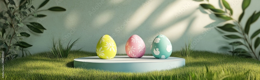 Aufkleber Easter holiday greeting card featuring vibrant painted eggs Three dimensional rendering of a podium and display set against lush green grass complemented by a subtle botanical background with shad