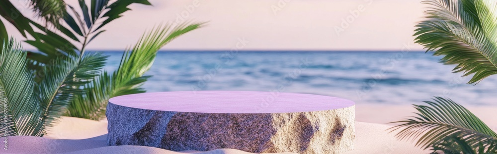 Aufkleber abstract podium on a sandy backdrop stone pedestal with a reflective surface surrounded by tropical 