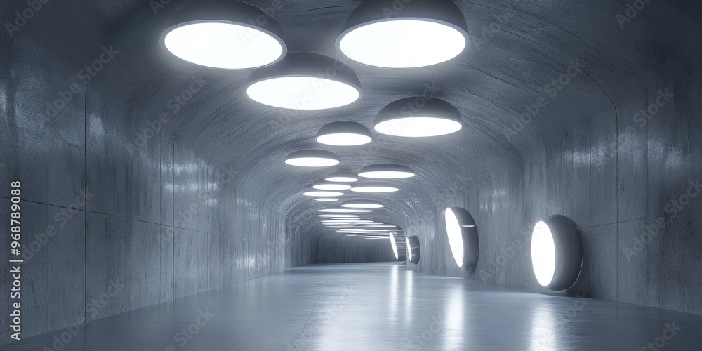 Poster futuristic illuminated lamps in a gray tunnel interior 3d rendering